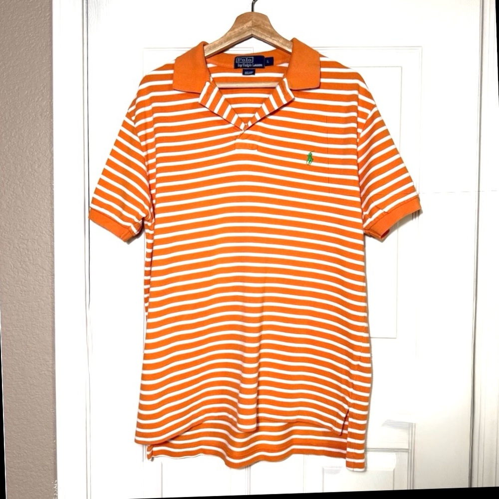 Polo Ralph Lauren Orange and White Striped Green Pony Short Sleeves Shirt Size L